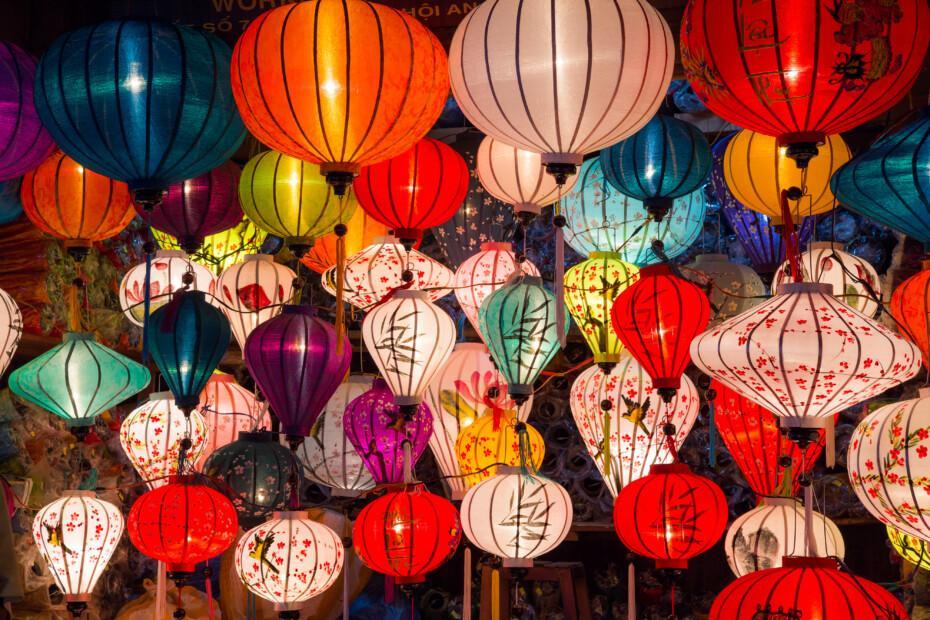 Paper lanterns on the streets of old Asian town